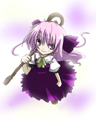miwa maku, marietta (majipikoru), marietta (yggdra union), majipikoru, lowres, 1girl, dress, female focus, from above, looking at viewer, looking up, over shoulder, puffy short sleeves, puffy sleeves, purple dress, ribbon, short sleeves, solo, staff, wand, yellow ribbon