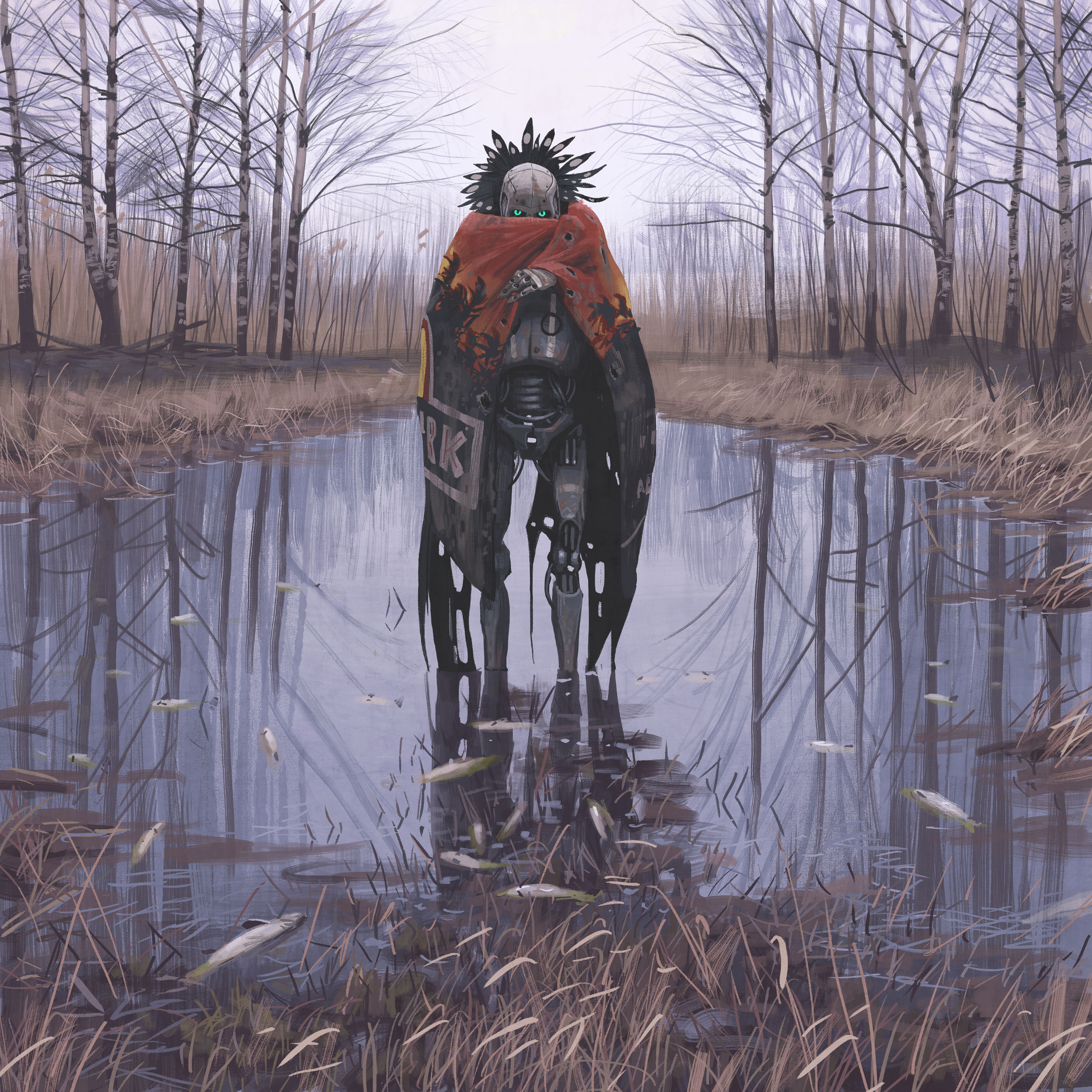 simon stalenhag, jurassic park, absurdres, highres, 1boy, bare tree, cable, day, feathers, fish, forest, grass, green eyes, headdress, humanoid robot, looking at viewer, nature, outdoors, reflection, reflective water, robot, science fiction, sky, solo, standing, things from the flood, tree, water
