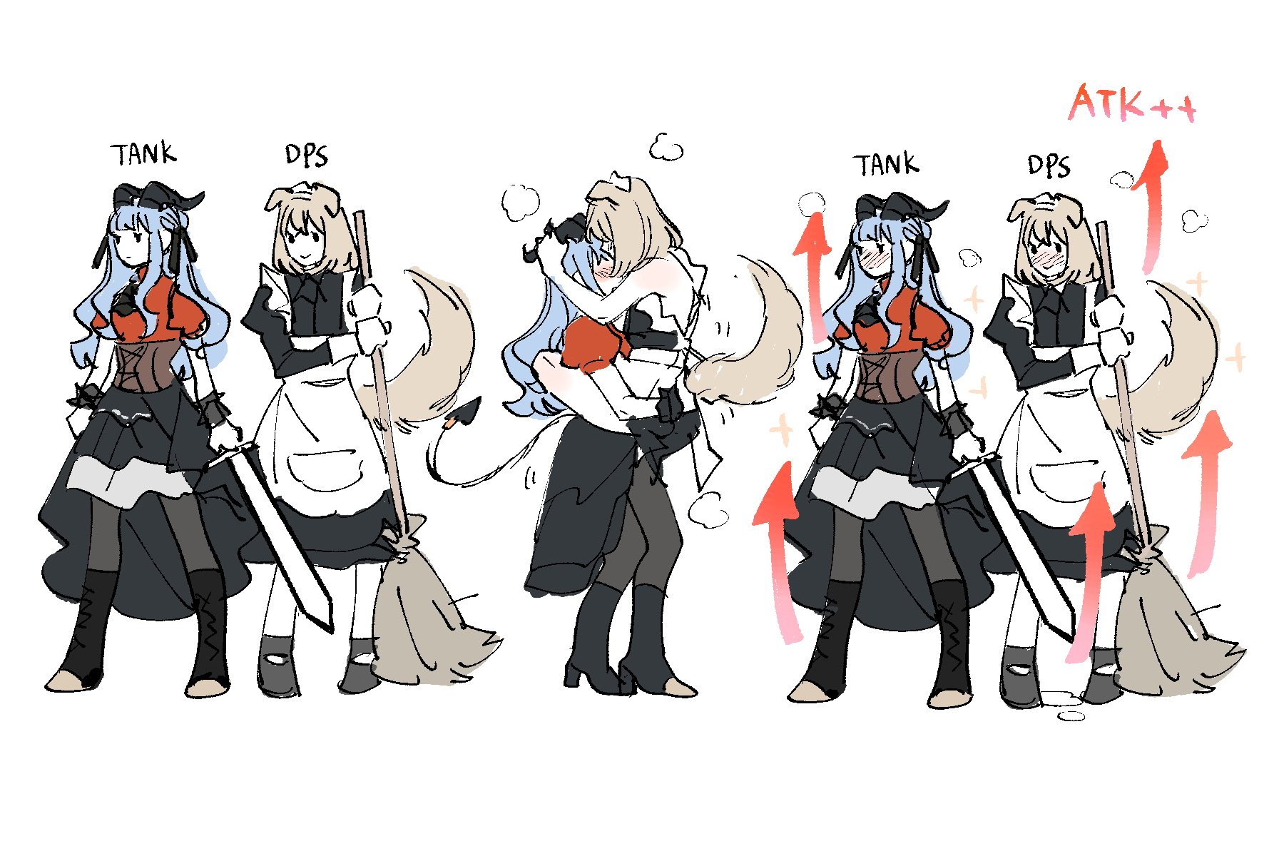 milfcookiesimp, misumi uika, oblivionis (bang dream!), togawa sakiko, arknights, bang dream!, bang dream! it's mygo!!!!!, highres, 2girls, animal ears, black boots, black pantyhose, black skirt, blue hair, blush, boots, broom, brown corset, carrying, carrying person, closed mouth, corset, dog ears, dog girl, dog tail, holding, holding broom, holding sword, holding weapon, horns, kiss, long hair, maid, multiple girls, pantyhose, red shirt, shirt, short sleeves, sidelocks, simple background, skirt, sword, tail, togawa sakiko (master of melodia), weapon, white background, yuri