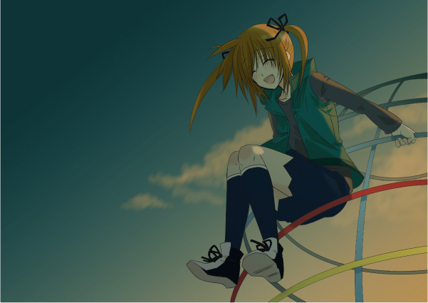 muraya yoshihisa, takamachi nanoha, lyrical nanoha, mahou shoujo lyrical nanoha, 00s, 1girl, :d, ^ ^, black skirt, black socks, brown hair, casual, closed eyes, contemporary, female focus, full body, kneehighs, long sleeves, morning, open mouth, short hair, skirt, smile, socks, solo, sunlight, sunrise, twintails