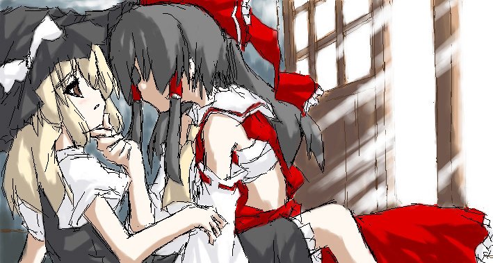 hakurei reimu, kirisame marisa, touhou, 2girls, black dress, blonde hair, blush, bow, brown eyes, brown hair, detached sleeves, dress, faceless, faceless male, female focus, from side, girl on top, hair bow, hat, long sleeves, multiple girls, profile, puffy short sleeves, puffy sleeves, red bow, red dress, sarashi, short sleeves, sweatdrop, witch hat, yuri