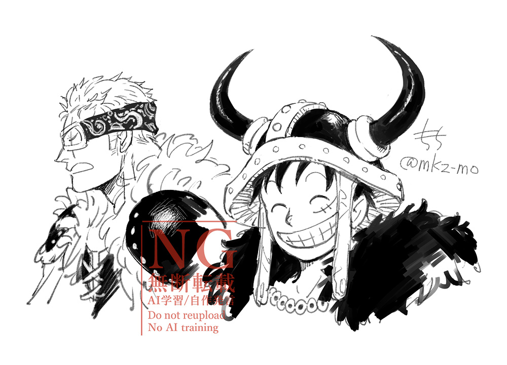 mocchi (mkz), monkey d. luffy, roronoa zoro, one piece, commentary request, 2boys, cape, closed eyes, eye mask, facial scar, fake horns, fur-trimmed cape, fur trim, grin, helmet, horned helmet, horns, jewelry, male focus, multiple boys, necklace, official alternate costume, scar, scar across eye, scar on cheek, scar on face, short hair, shoulder pads, smile, twitter username, upper body, white background