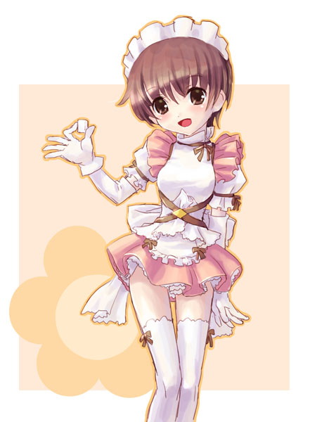 katahira masashi, 1girl, brown eyes, brown hair, dress, female focus, flower, gloves, holding, looking at viewer, maid, maid headdress, open mouth, orange outline, outline, pink dress, puffy sleeves, short hair, short sleeves, smile, solo, standing, thighhighs, white gloves, white thighhighs, yellow background