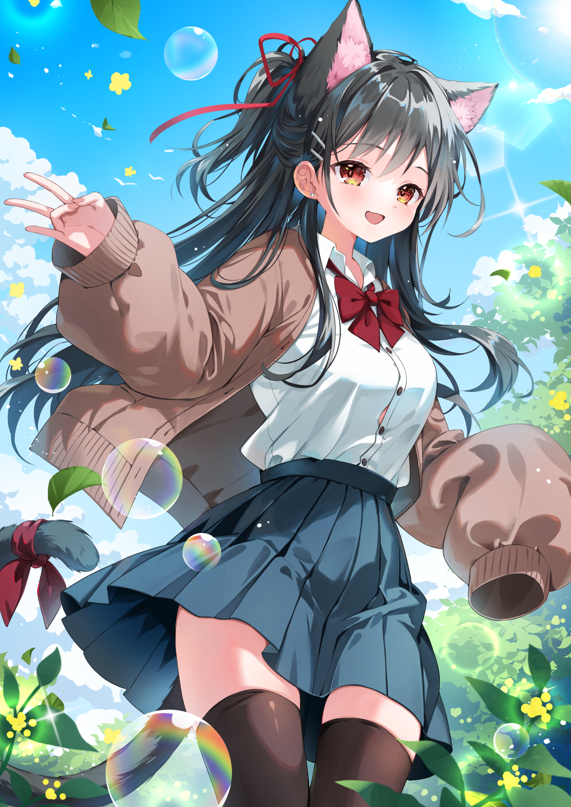 07touka25, original, highres, 1girl, animal ears, black hair, black thighhighs, bow, brown eyes, cat ears, cat girl, cat tail, day, extra ears, jacket, long hair, looking at viewer, one side up, open clothes, open jacket, open mouth, outdoors, pleated skirt, red bow, shirt, skirt, solo, tail, thighhighs, white shirt