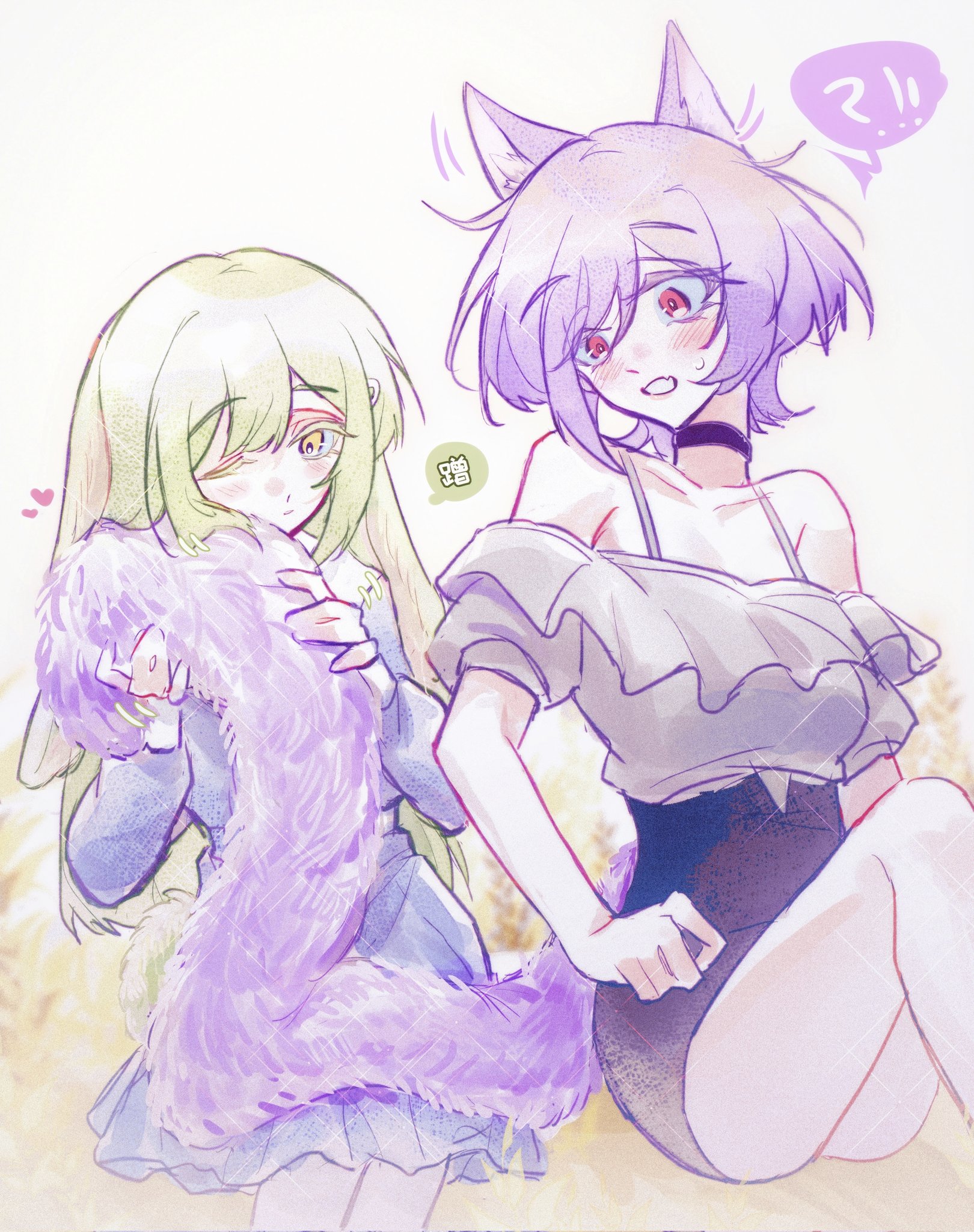 youren117, wakaba mutsumi, yuutenji nyamu, arknights, bang dream!, bang dream! it's mygo!!!!!, chinese commentary, commentary request, highres, translation request, !?, 2girls, animal ears, black skirt, cat ears, cat girl, cat tail, green hair, grey shirt, hair ornament, hairclip, heart, hugging tail, long hair, long sleeves, multiple girls, off-shoulder shirt, off shoulder, pink eyes, purple hair, shirt, short hair, sitting, skirt, spoken interrobang, tail, yuutenji nyamu (magician of passion)