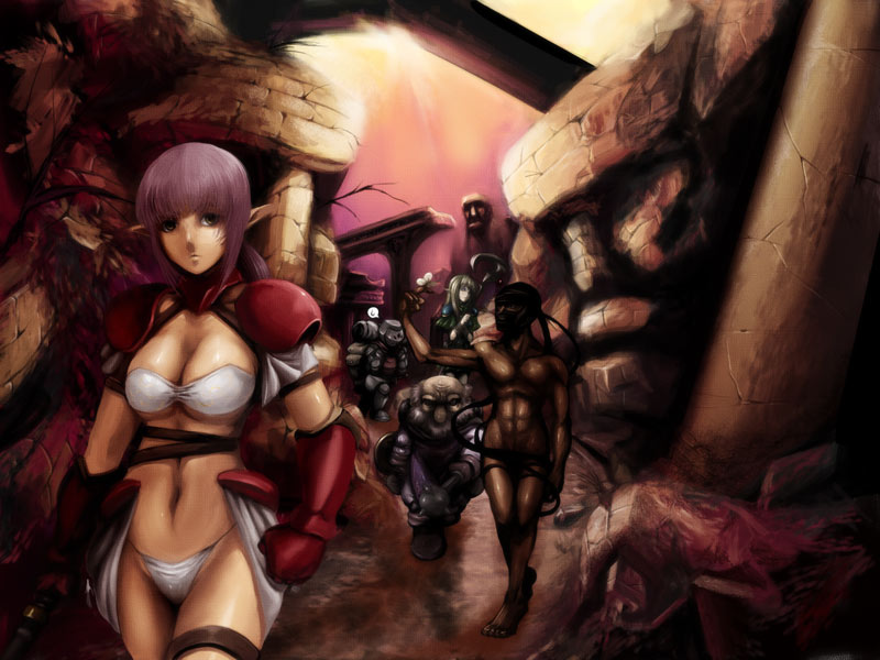 caryo, tabigarasu, 2girls, 3boys, bikini, multiple boys, multiple girls, pointy ears, red hair, ruins, swimsuit