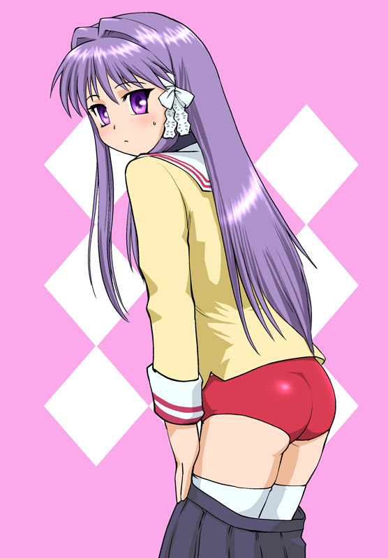 ueyama michirou, fujibayashi kyou, clannad, 00s, buruma, long hair, solo, thighhighs, undressing