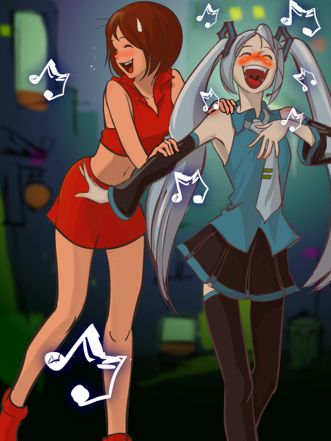 mizukiyo jiro, nippori honsha, hatsune miku, meiko (vocaloid), vocaloid, 2girls, blush, drunk, happy, laughing, long hair, midriff, multiple girls, music, musical note, navel, singing, smile, thighhighs, twintails, very long hair