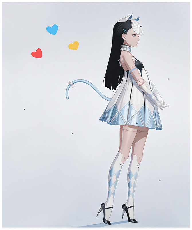 d.k, bambinata: vitrum (pgr), bambinata (pgr), punishing: gray raven, 1girl, alternate hairstyle, animal ears, black hair, cat ears, cat tail, doll joints, dress, fake animal ears, full body, hair ornament, hairclip, high heels, joints, long hair, mechanical arms, mechanical legs, multicolored hair, solo, tail, two-tone hair, white hair