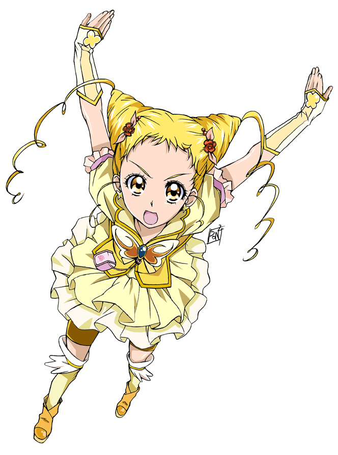 ponpon, cure lemonade, kasugano urara (yes! precure 5), precure, yes! precure 5, 00s, 1girl, blonde hair, cone hair bun, eyelashes, female focus, hair bun, magical girl, perspective, shorts, shorts under skirt, skirt, solo, thighhighs, yellow eyes, yellow skirt, yellow thighhighs