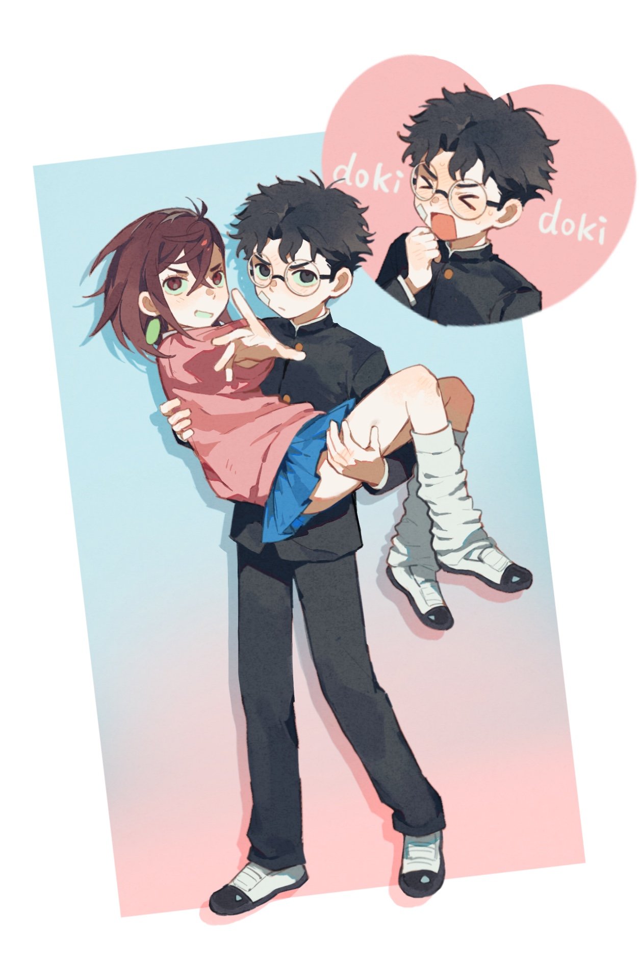 rice (somasuki 77), ayase momo, takakura ken (dandadan), dandadan, hashtag-only commentary, highres, > <, 1boy, 1girl, bandaid, bandaid on cheek, bandaid on face, black hair, black jacket, black pants, blue skirt, blush, brown eyes, brown hair, carrying, crossed bangs, earrings, full body, gakuran, glasses, hair between eyes, heart, heartbeat, jacket, jewelry, kami high school uniform, long sleeves, looking at viewer, loose socks, miniskirt, open mouth, outstretched hand, pants, parted lips, pink sweater, pleated skirt, princess carry, round eyewear, school uniform, serious, short hair, skirt, socks, sweater, white socks