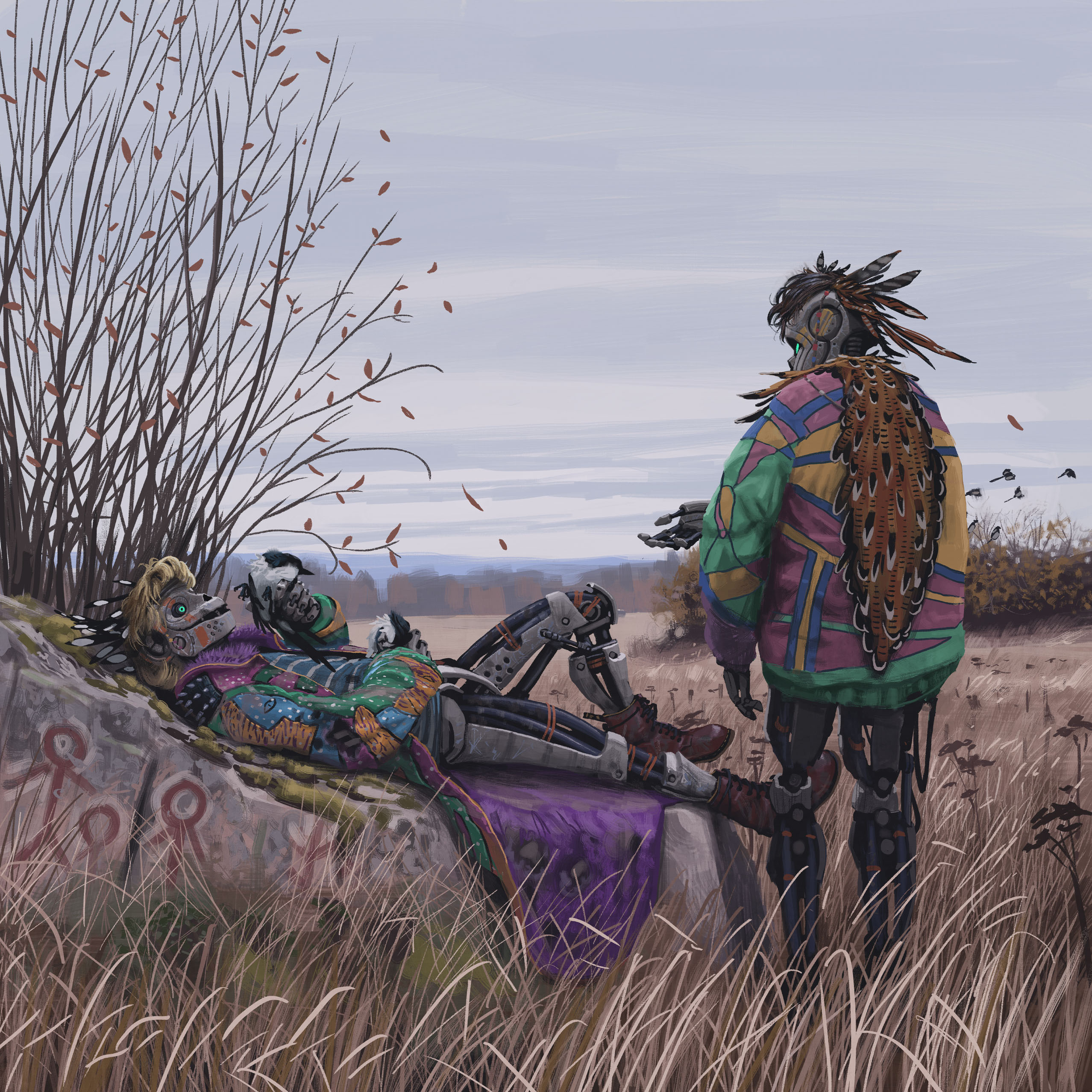simon stalenhag, absurdres, highres, 1boy, 1girl, bird, black hair, blonde hair, boots, cloak, feathers, fur trim, grass, humanoid robot, jacket, leaf, magpie, multicolored jacket, outdoors, patchwork clothes, red facepaint, robot, rock, science fiction, short hair, things from the flood, tree