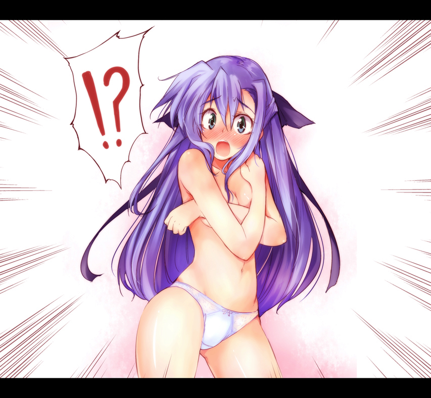 kawakami shuuichi, shu (artist), ginga nakajima, lyrical nanoha, mahou shoujo lyrical nanoha, mahou shoujo lyrical nanoha strikers, !?, 00s, 1girl, blue eyes, blush, bow, bow panties, covering breasts, covering privates, d:, emphasis lines, female focus, full-face blush, letterboxed, long hair, navel, open mouth, panties, purple hair, solo, surprised, topless female, underwear
