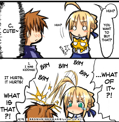 artoria pendragon (fate), emiya shirou, saber (fate), fate/stay night, fate (series), 00s, ahoge, blonde hair, cat, chibi