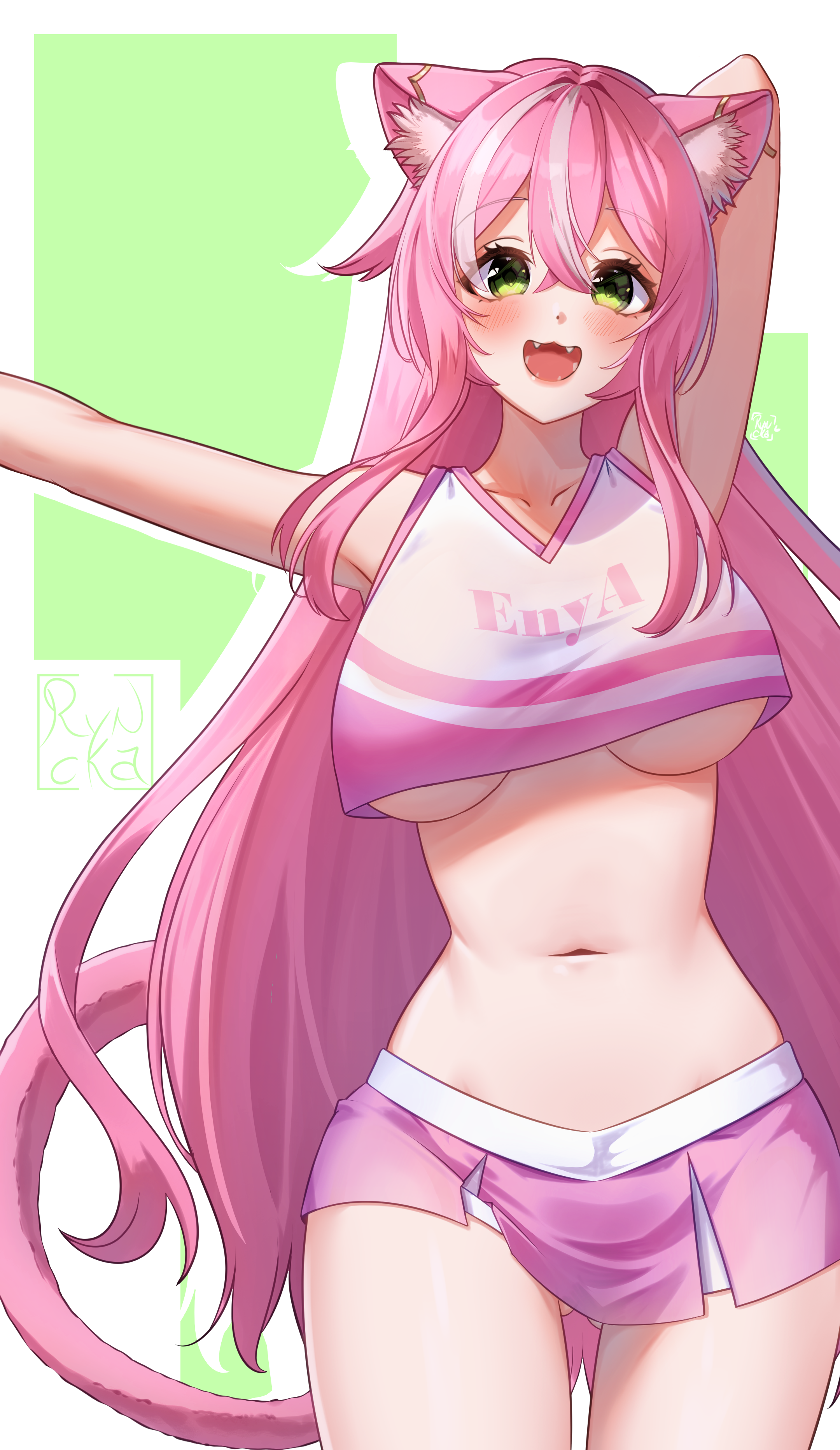 ryncka, enya yoruneko, indie virtual youtuber, alternate costume, animal ears, arm behind head, arms up, artist name, bare shoulders, blush, breasts, cat ears, cat girl, cowboy shot, cropped shirt, dot nose, eyelashes, fangs, green background, green eyes, large breasts, long hair, looking at viewer, midriff, miniskirt, navel, open mouth, outstretched arms, pink hair, pink shirt, pink skirt, shirt, simple background, skirt, sleeveless, sleeveless shirt, smile, standing, tail, two-tone background, two-tone shirt, two-tone skirt, underboob, virtual youtuber, white background, white shirt, white skirt