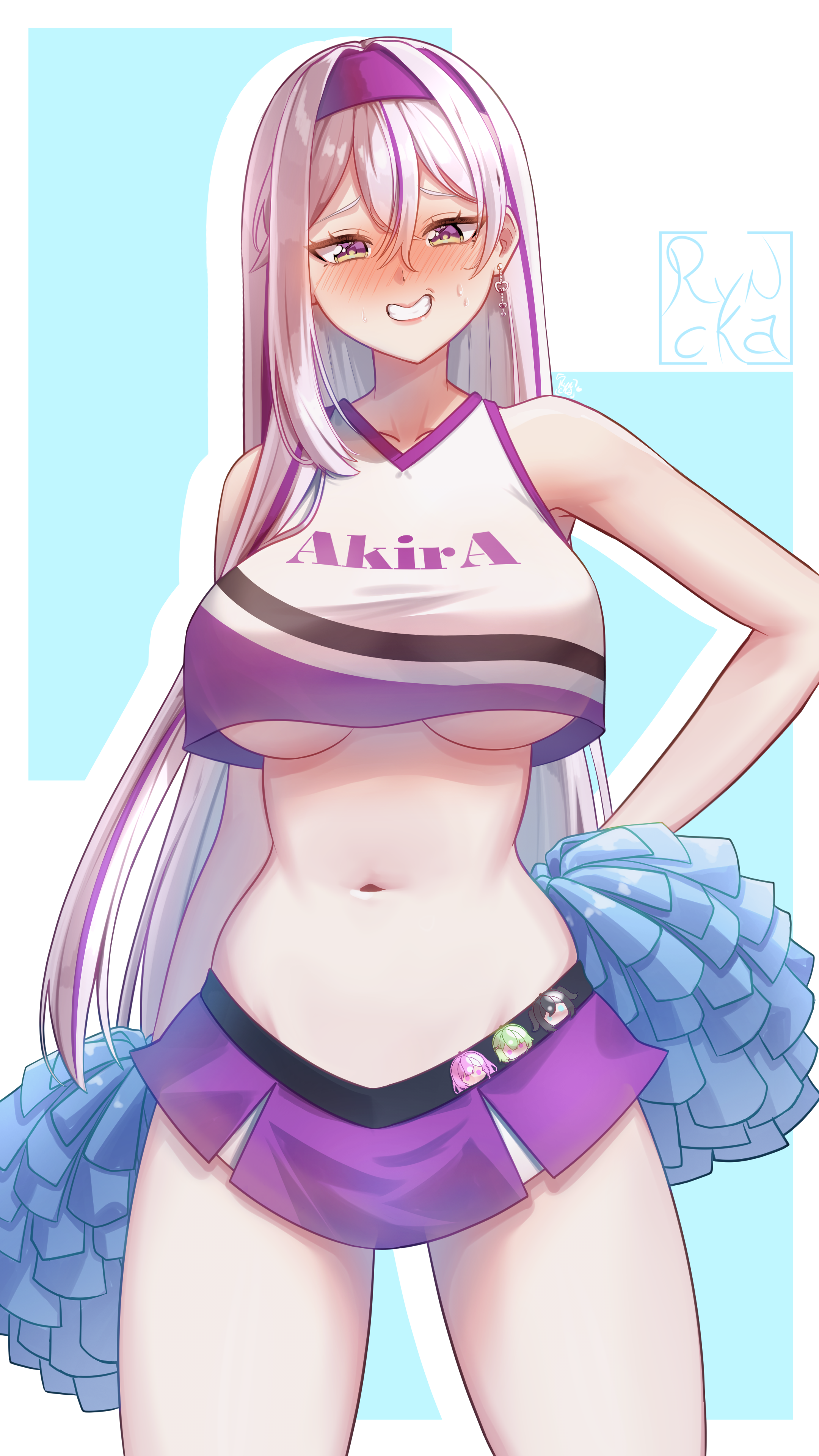 ryncka, akira virtual, indie virtual youtuber, 1girl, alternate costume, arm at side, bare shoulders, blue background, blush, breasts, character name, cheerleader, cowboy shot, cropped shirt, dot nose, earrings, embarrassed, eyelashes, female focus, grey hair, grin, hairband, hand on own hip, jewelry, large breasts, looking at viewer, midriff, miniskirt, multicolored hair, navel, nervous, nervous smile, nervous sweating, pom pom (cheerleading), purple eyes, purple hair, purple hairband, purple shirt, purple skirt, shirt, simple background, skirt, sleeveless, sleeveless shirt, smile, solo, standing, streaked hair, sweat, teeth, two-tone background, two-tone hair, two-tone shirt, two-tone skirt, virtual youtuber, white background, white shirt, white skirt