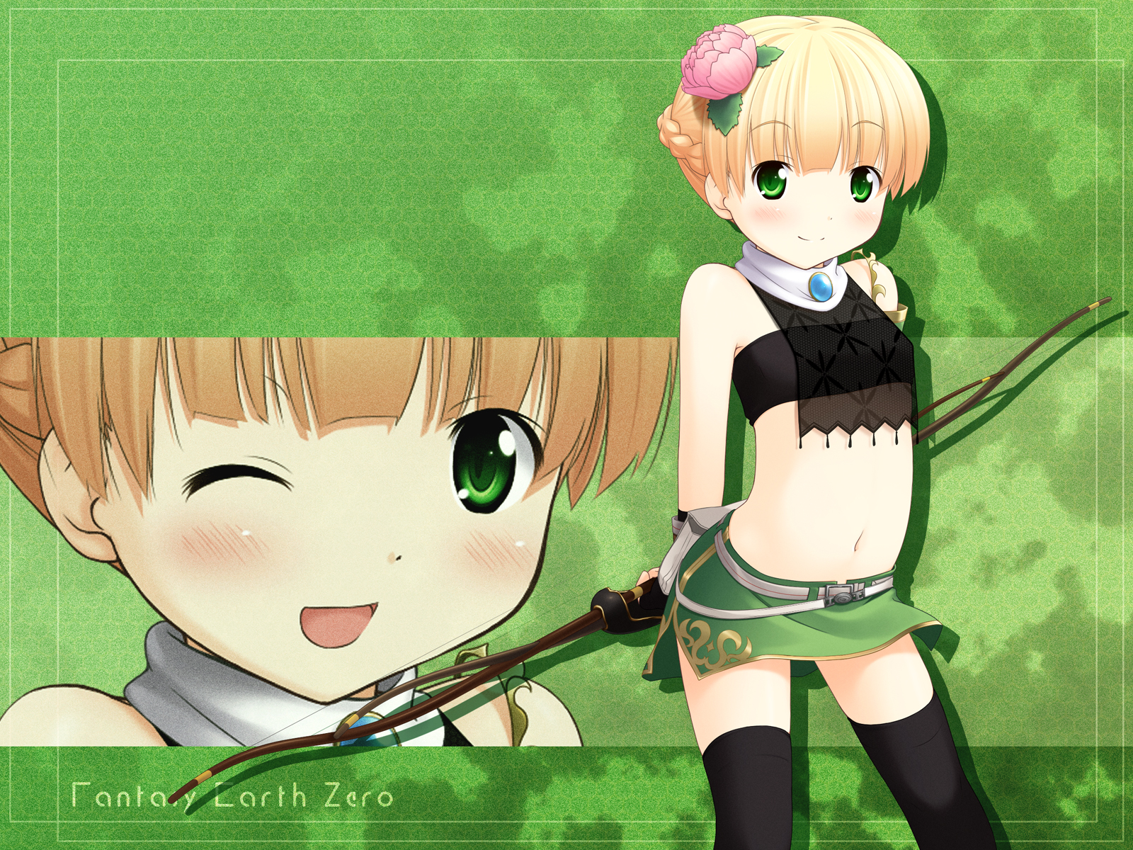 inuarashi, fantasy earth zero, highres, blonde hair, bow (weapon), green eyes, midriff, navel, one eye closed, thighhighs, weapon, wink