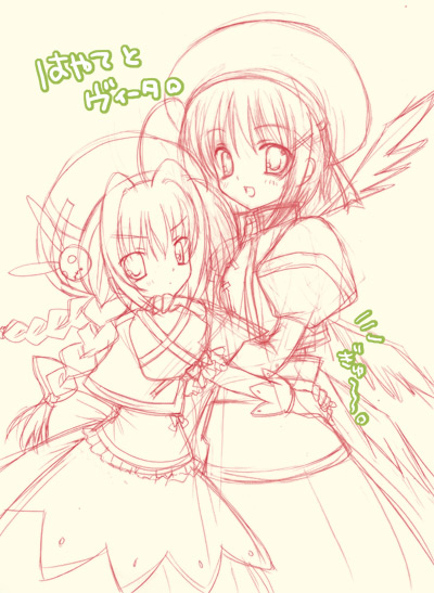 vita (nanoha), yagami hayate, lyrical nanoha, mahou shoujo lyrical nanoha, mahou shoujo lyrical nanoha a's, 00s, 2girls, monochrome, multiple girls, red theme, sketch