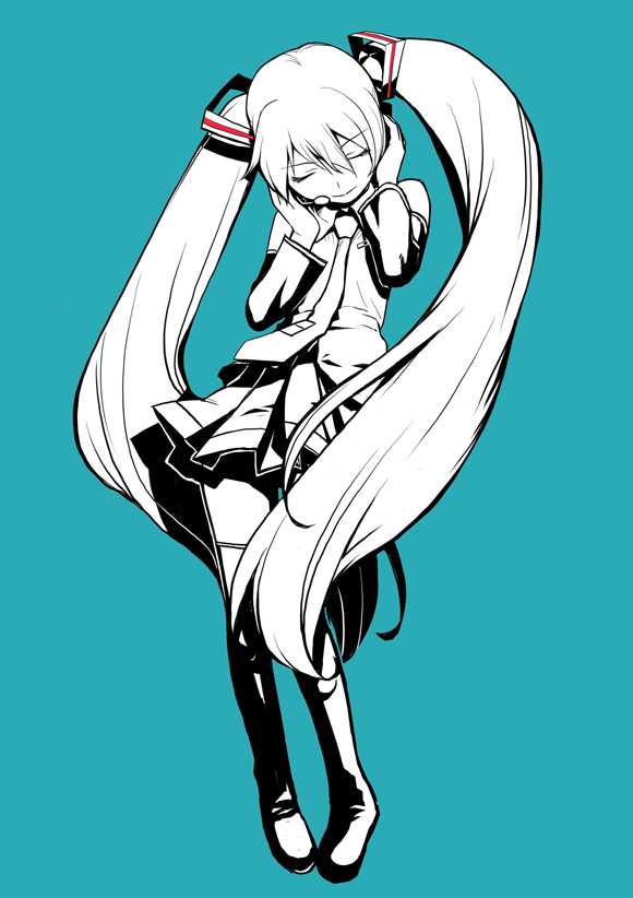 heebee, hatsune miku, vocaloid, 1girl, aqua background, closed eyes, female focus, long hair, monochrome, necktie, skirt, solo, spot color, thighhighs, twintails, very long hair