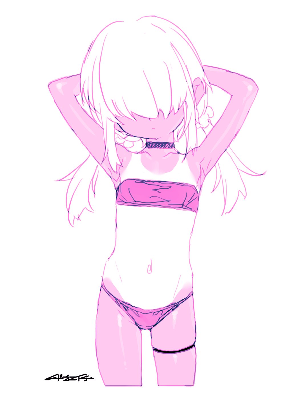 mudou eichi, original, highres, 1girl, arms behind head, arms up, bikini, choker, dark skin, flat chest, hair ornament, hair over eyes, long hair, looking at viewer, low twintails, navel, skindentation, solo, swimsuit, tan, tanline, thigh strap, twintails, white background, white hair