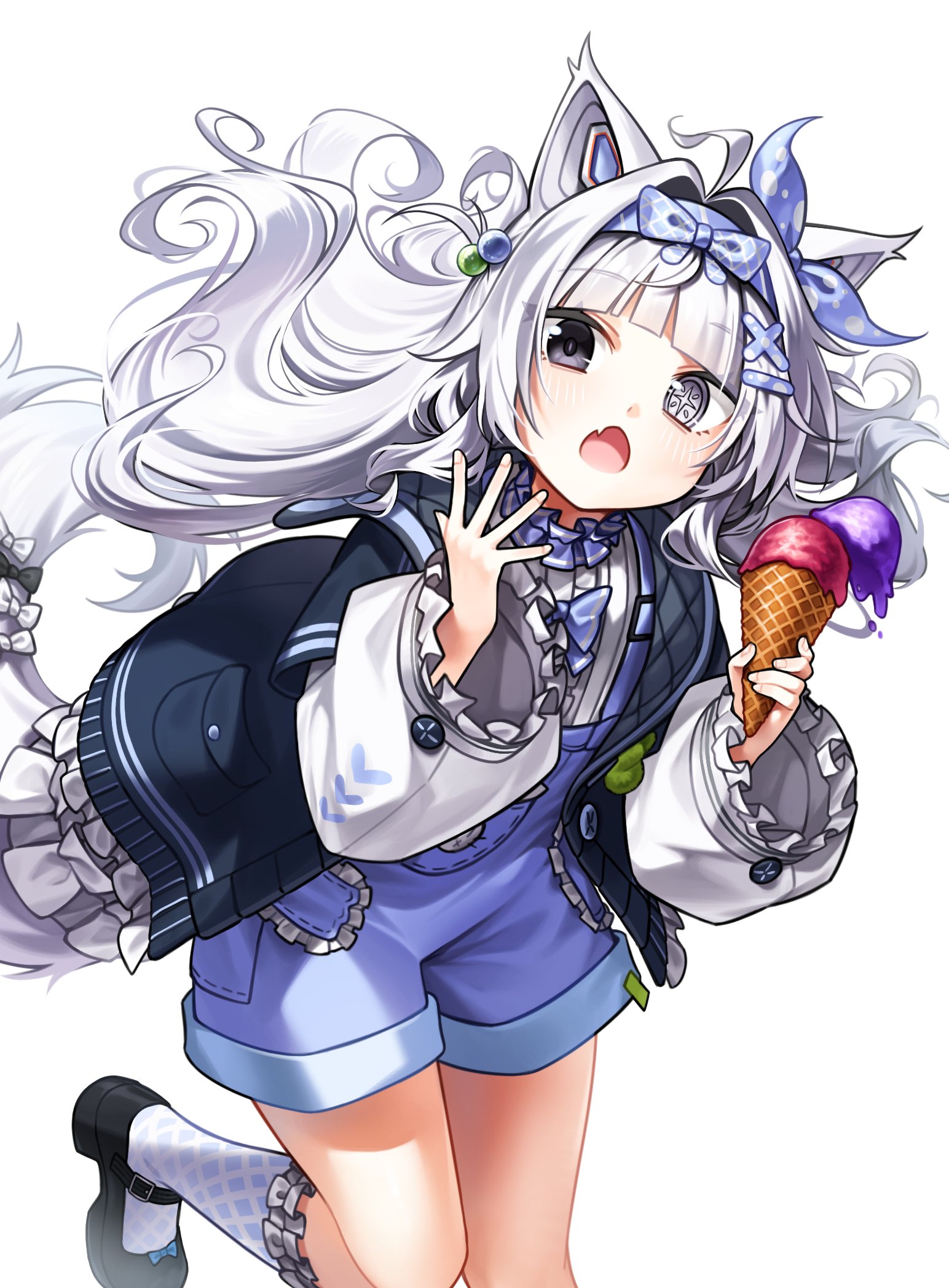 myam (123ab456c), no. 21: feral scent (tiny bad wolf) (pgr), no. 21 (pgr), punishing: gray raven, highres, 1girl, animal ears, blue hairband, blue ribbon, fang, frilled shirt, frills, grey eyes, grey hair, hair intakes, hair ornament, hairband, heterochromia, holding, holding ice cream cone, ice cream cone, long hair, long sleeves, mechanical ears, mismatched pupils, open mouth, ribbon, shirt, shorts, sidelocks, skin fang, solo, symbol-shaped pupils, tail, very long hair, white shirt, wide sleeves, wolf ears, wolf tail, x hair ornament