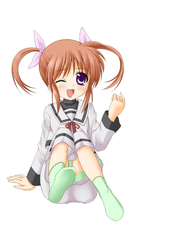 tadokoro teppei, takamachi nanoha, lyrical nanoha, mahou shoujo lyrical nanoha, 00s, one eye closed, school uniform, serafuku, socks, solo, wink