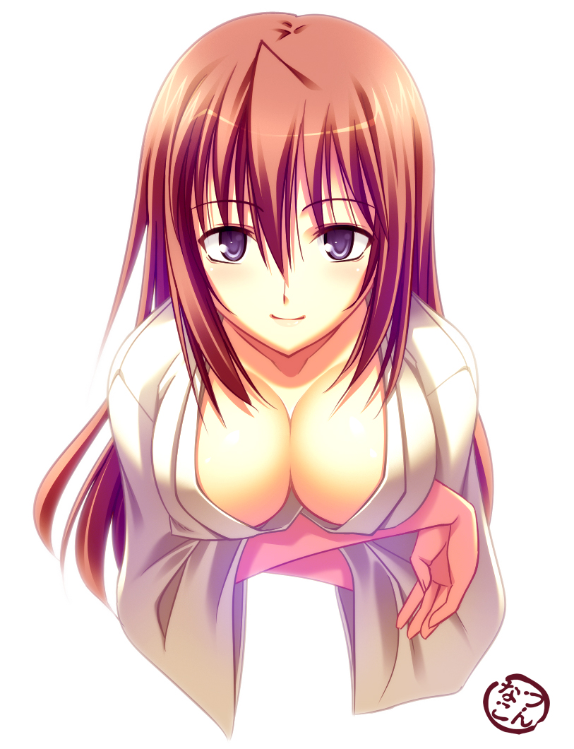 natsukon, kuwahara sayako, bamboo blade, breast hold, 00s, 1girl, breasts, brown hair, cleavage, downblouse, female focus, large breasts, looking at viewer, purple eyes, simple background, smile, solo, upper body, white background