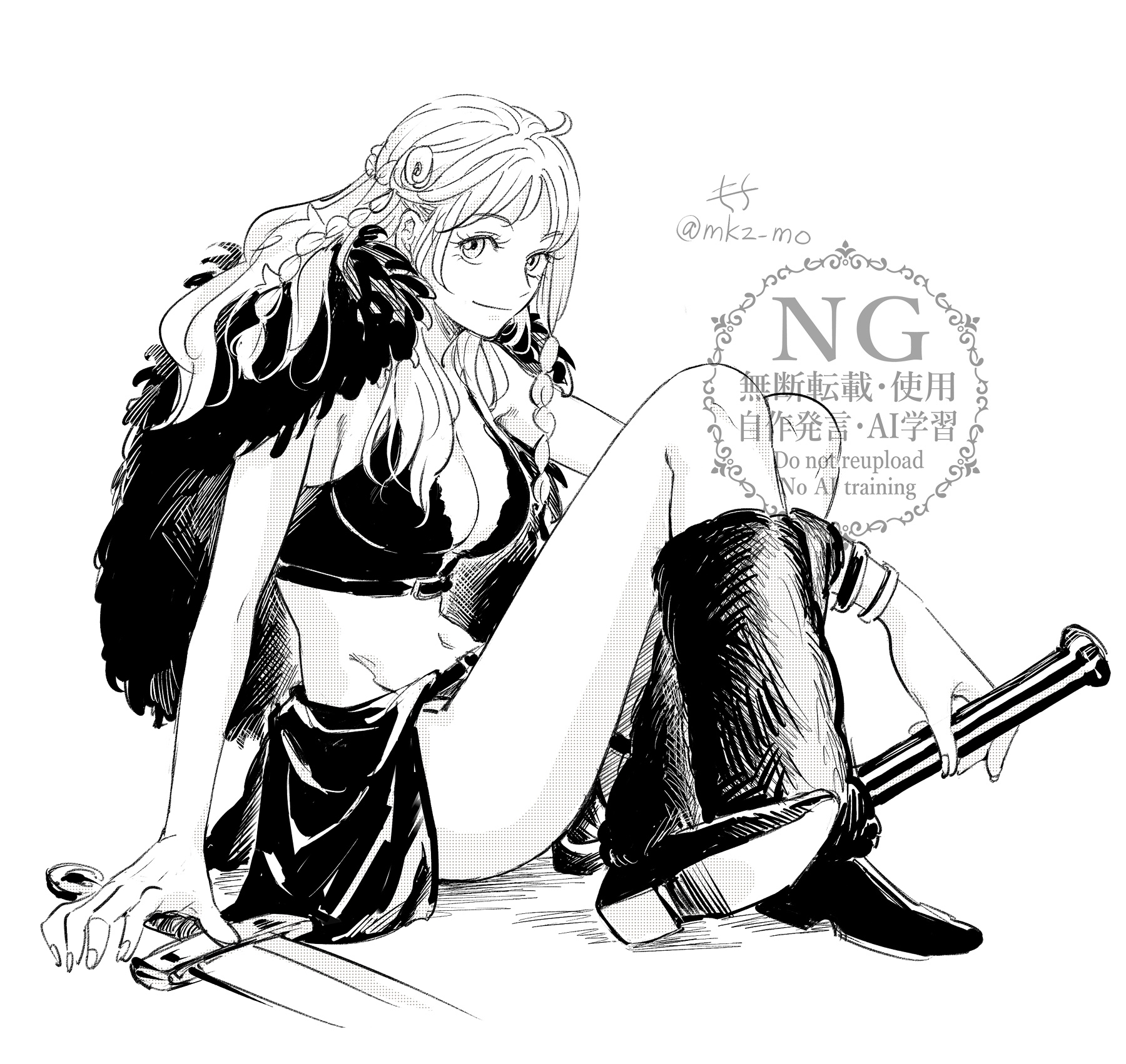 mocchi (mkz), nami (one piece), one piece, commentary, highres, symbol-only commentary, 1girl, bangle, bracelet, braid, braided sidelock, breasts, capelet, cleavage, closed mouth, crop top, crossed legs, full body, fur-trimmed capelet, fur trim, groin, holding, holding staff, jewelry, knees up, large breasts, leg warmers, legs, loincloth, long hair, looking at viewer, midriff, miniskirt, navel, official alternate costume, sitting, skirt, solo, staff, sword, thighs, twitter username, wavy hair, weapon, white background