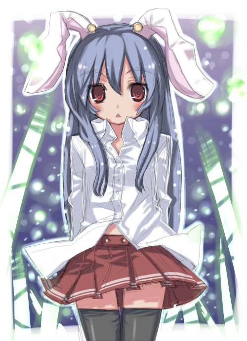 gozen shinshi, reisen udongein inaba, touhou, 1girl, animal ears, dress shirt, female focus, nature, plant, pleated skirt, rabbit ears, shirt, skirt, solo, thighhighs, zettai ryouiki