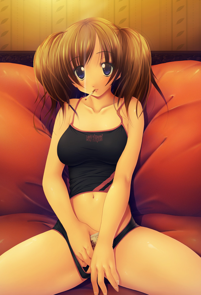 ishii akira, original, 1girl, blue eyes, brown hair, camisole, cigarette, female focus, midriff, sitting, smoking, solo, twintails