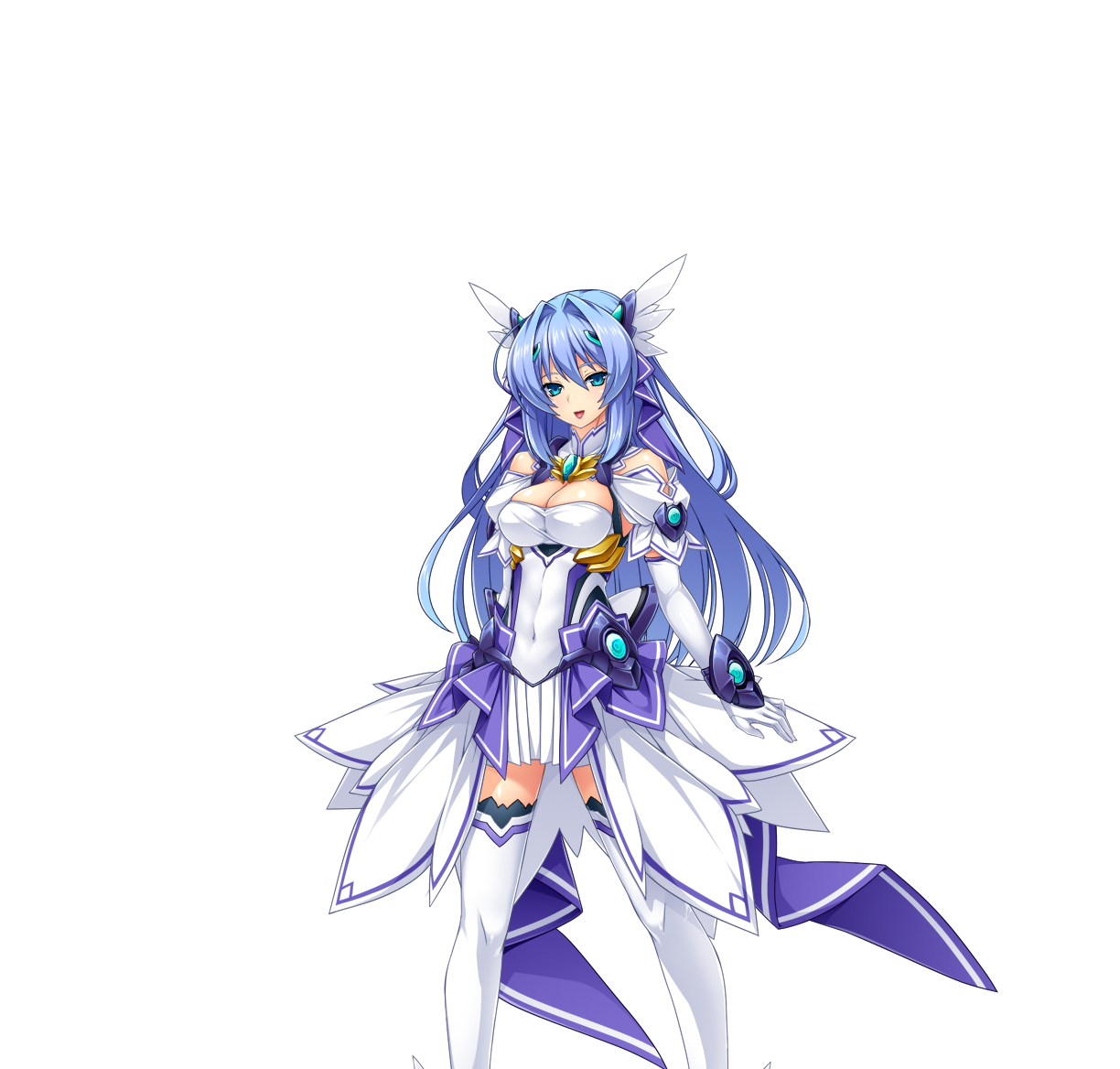 inoino, katsuragi marina, kouyoku senki exs-tia, game cg, large variant set, non-web source, official art, variant set, 1girl, aqua eyes, blue eyes, blue hair, breasts, celestia (exs-tia), chest jewel, cleavage, covered navel, dress, elbow gloves, gloves, hair ornament, head wings, large breasts, long hair, looking at viewer, open mouth, smile, solo, standing, thighhighs, transparent background, white dress, white gloves, white thighhighs, wings, zettai ryouiki