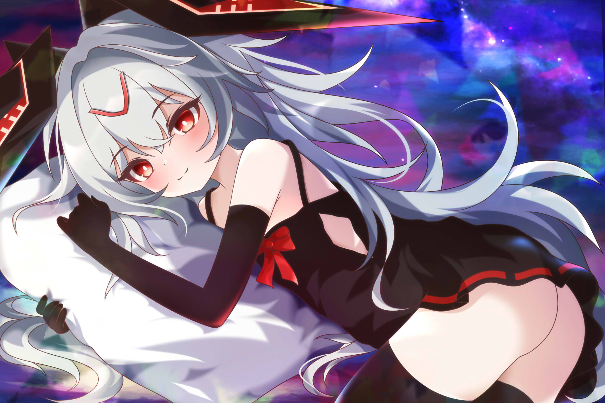 xiya yumiko, chaos (pgr), punishing: gray raven, highres, 1girl, black dress, black gloves, black thighhighs, cushion, dress, elbow gloves, gloves, grey hair, hair between eyes, hair intakes, headgear, long hair, solo, thighhighs, very long hair