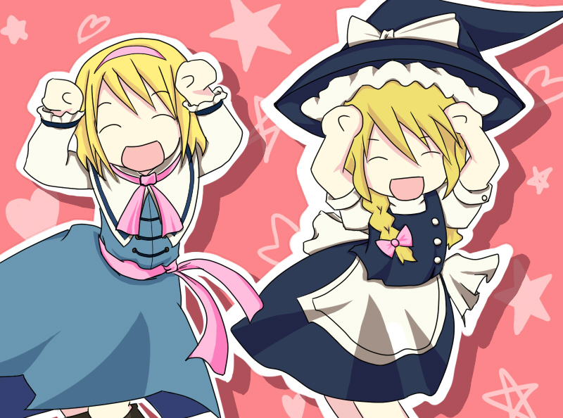 alice margatroid, kirisame marisa, touhou, 2girls, :d, ^ ^, apron, belt, black dress, blonde hair, blue dress, braid, buttons, capelet, caramelldansen, closed eyes, dancing, dress, female focus, hairband, hat, long sleeves, multiple girls, open mouth, short hair, single braid, smile, star (symbol), waist apron, witch hat