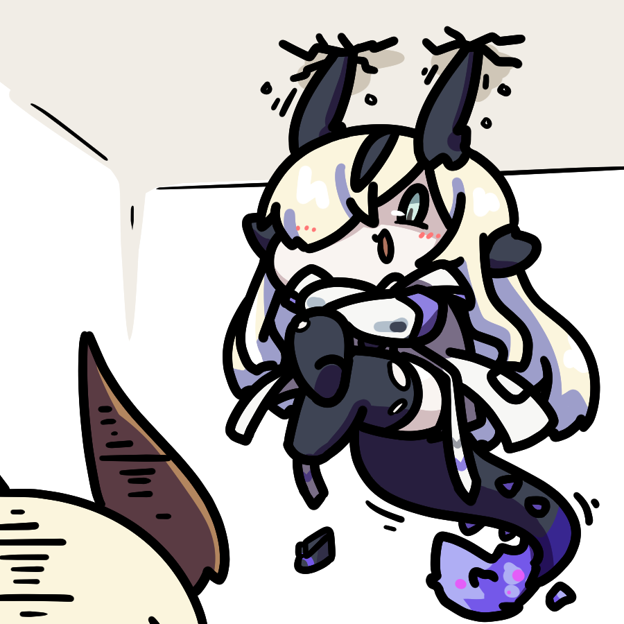 kagami kino, necrass (arknights), reed (arknights), arknights, 2girls, black horns, black thighhighs, blonde hair, chibi, crossed legs, dragon girl, dragon horns, dragon tail, fire, flame-tipped tail, hair over one eye, horns, long hair, multiple girls, open mouth, siblings, sisters, smile, stuck, tail, thighhighs, torn clothes, torn thighhighs