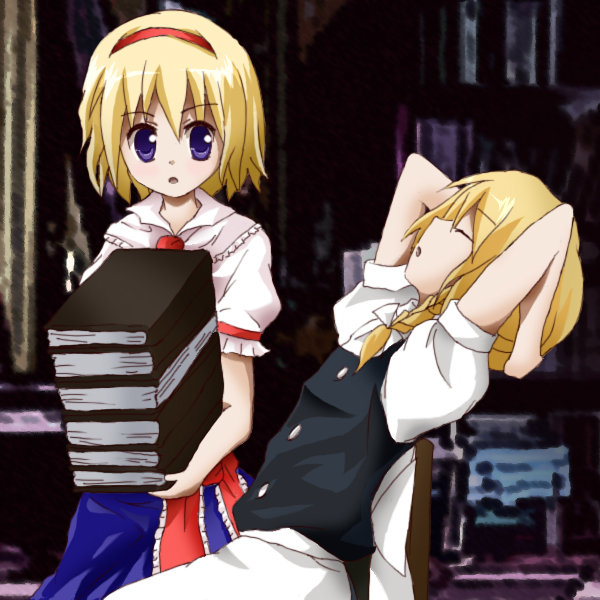alice margatroid, kirisame marisa, touhou, 2girls, book, female focus, indoors, multiple girls, sleeping