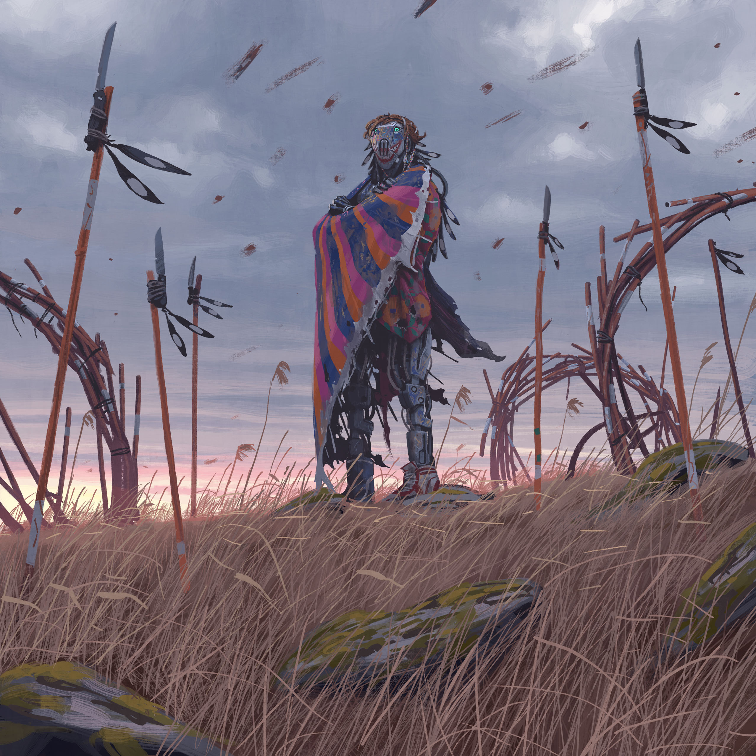 simon stalenhag, absurdres, highres, 1girl, cable, cloak, cloud, day, facepaint, feathers, grass, humanoid robot, knife, outdoors, planted, planted polearm, polearm, robot, rock, science fiction, shoes, short hair, sky, sneakers, solo, spear, standing, sunrise, things from the flood, weapon