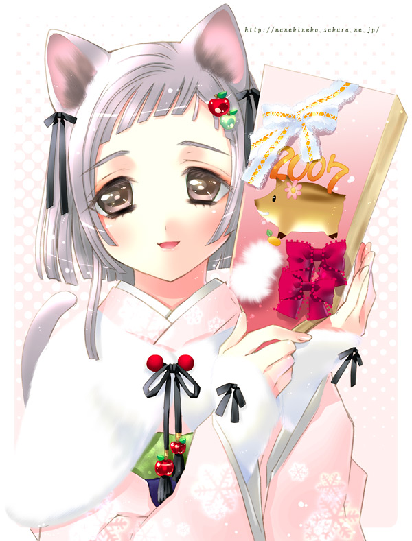 kamiya maneki, silver hair, 00s, 1girl, 2007, animal ears, blunt bangs, bob cut, brown eyes, capelet, cat ears, cat tail, female focus, holding, japanese clothes, kimono, looking at viewer, open mouth, smile, snowflakes, solo, tail, tareme, upper body, watermark, web address