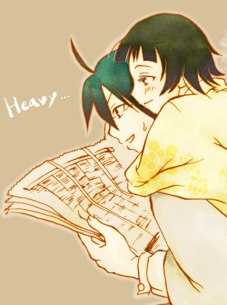 itoshiki nozomu, tsunetsuki matoi, sayonara zetsubou sensei, beige background, 00s, 1boy, 1girl, :d, ahoge, couple, from side, green eyes, green hair, hetero, holding, hug, hug from behind, long sleeves, newspaper, open mouth, profile, reading, simple background, smile, sweater