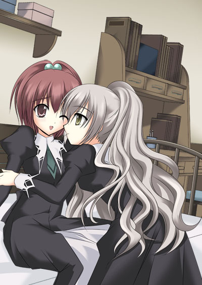 aoi nagisa, hanazono shizuma, strawberry panic!, silver hair, 00s, 2girls, :o, bed, bed sheet, closed mouth, collar, formal clothes, green eyes, hair bobbles, hair intakes, hair ornament, hairband, indoors, long sleeves, multiple girls, on bed, parted lips, red eyes, sitting, smile, suit, yuri