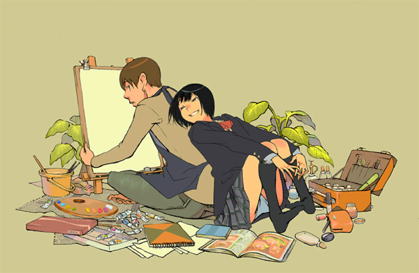 purimari, original, 1boy, 1girl, black hair, black thighhighs, couple, hetero, paint, panties, pantyshot, sitting, sketchbook, thighhighs, underwear, upskirt