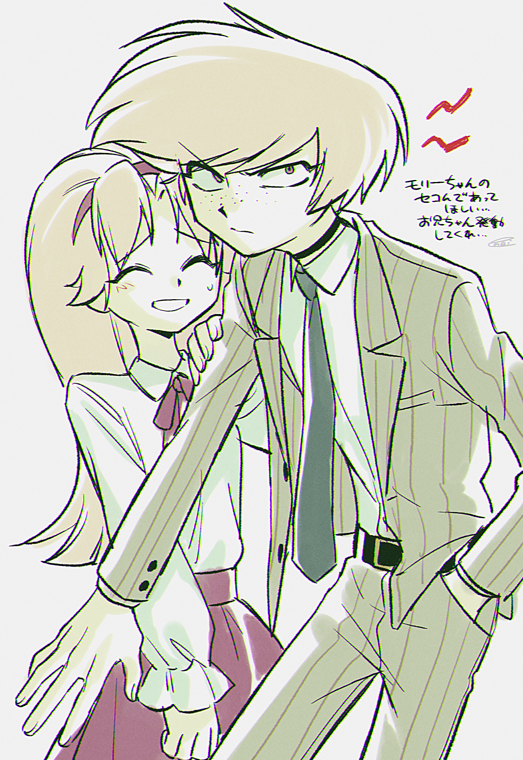 menma (enaic31), angel dust, molly (hazbin hotel), hazbin hotel, hellaverse, absurdres, commentary request, highres, translation request, 1boy, 1girl, :d, ^ ^, belt, black belt, black choker, blonde hair, bow, bowtie, brother and sister, buttons, choker, chromatic aberration, closed eyes, closed mouth, collared shirt, cowboy shot, facing another, freckles, frilled sleeves, frills, grey background, grey jacket, grey necktie, grey pants, grin, hairband, hand in pocket, hand on another's arm, humanization, jacket, layered sleeves, long sleeves, looking at viewer, necktie, open mouth, pants, pink bow, pink bowtie, pink eyes, pink hairband, pink skirt, pinstripe jacket, pinstripe pants, pinstripe pattern, raised inner eyebrows, shirt, shirt tucked in, short hair, siblings, simple background, skirt, smile, standing, sweatdrop, swept bangs, v-shaped eyebrows, white shirt
