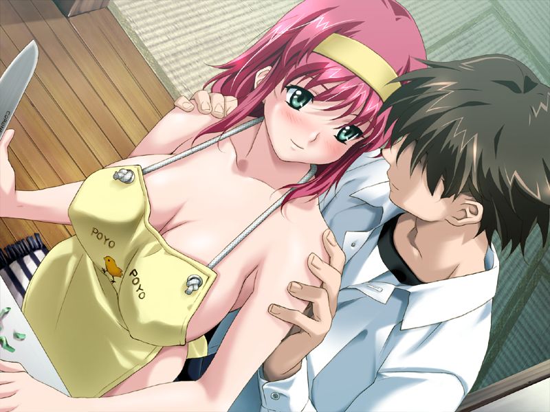happoubi jin, iihara nao, boin, boin lecture, hands on shoulders, game cg, 00s, 1boy, 1girl, age difference, apron, bare arms, bare shoulders, black hair, blush, breasts, brown hair, cleavage, closed mouth, clothed male nude female, collarbone, cooking, cosplay, couple, dutch angle, eye contact, floor, functionally nude, green eyes, hair over eyes, hairband, hands on another's shoulders, happy, head turn, hetero, holding, holding knife, huge breasts, indoors, kitchen, kitchen knife, knife, large breasts, long hair, long sleeves, looking at another, naked apron, no bra, no panties, nude, otonashi kyouko (cosplay), pink hair, presenting, red hair, room, shirt, short hair, smile, standing, teacher, teacher and student, white shirt