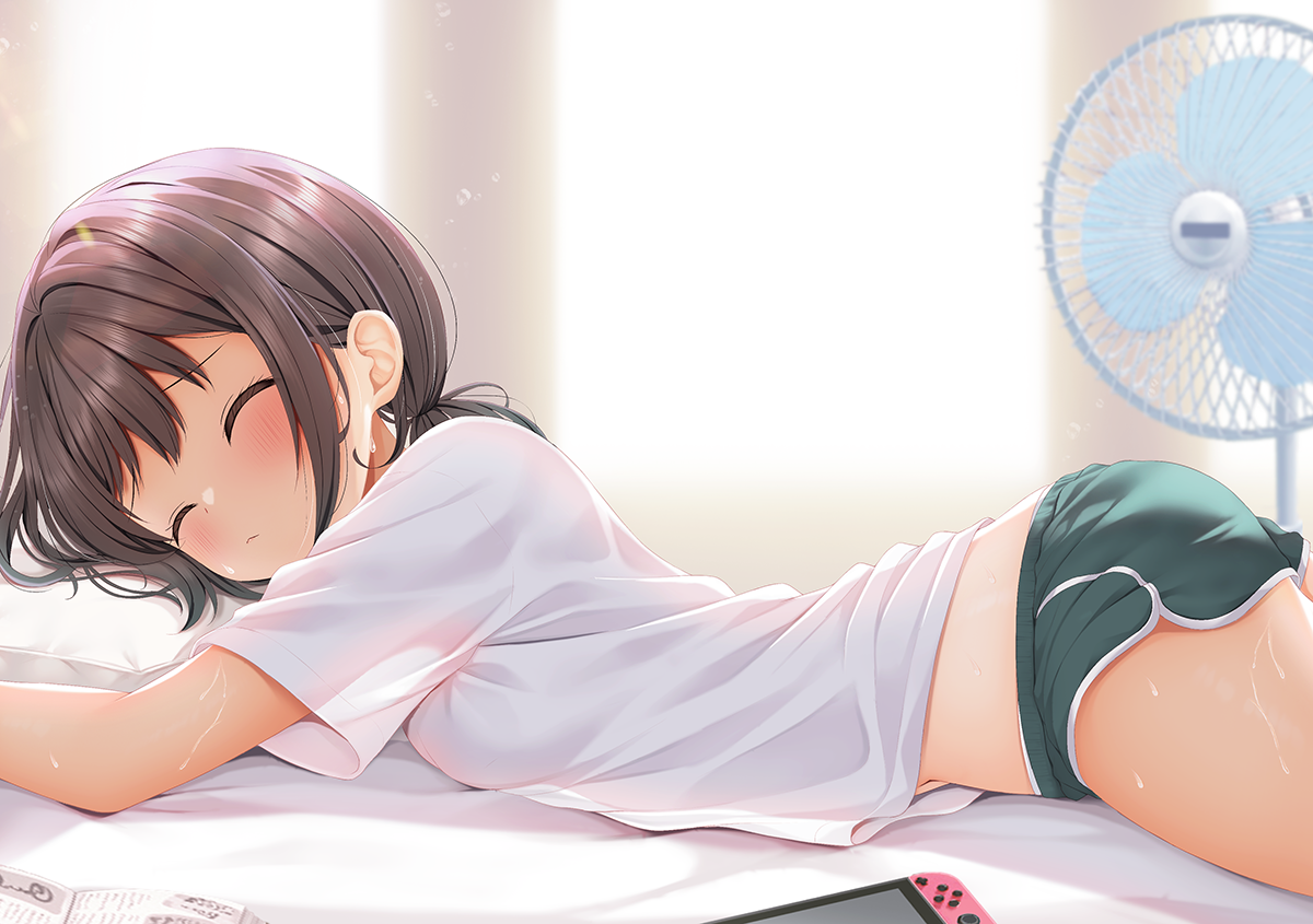minato ojitan, original, commentary request, large variant set, variant set, 1girl, ^ ^, ass, black shorts, blush, brown hair, closed eyes, closed mouth, electric fan, head on pillow, indoors, long hair, lying, navel, on bed, on stomach, panties, panty peek, pillow, shirt, short shorts, short sleeves, shorts, sleeping, solo, sweat, tan, underwear, white panties, white shirt
