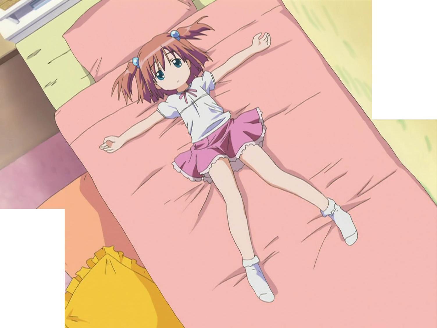 nijihara ink, moetan, anime screenshot, stitched, third-party edit, 00s, 1girl, feet, female focus, flat chest, indoors, lying, no shoes, socks, solo