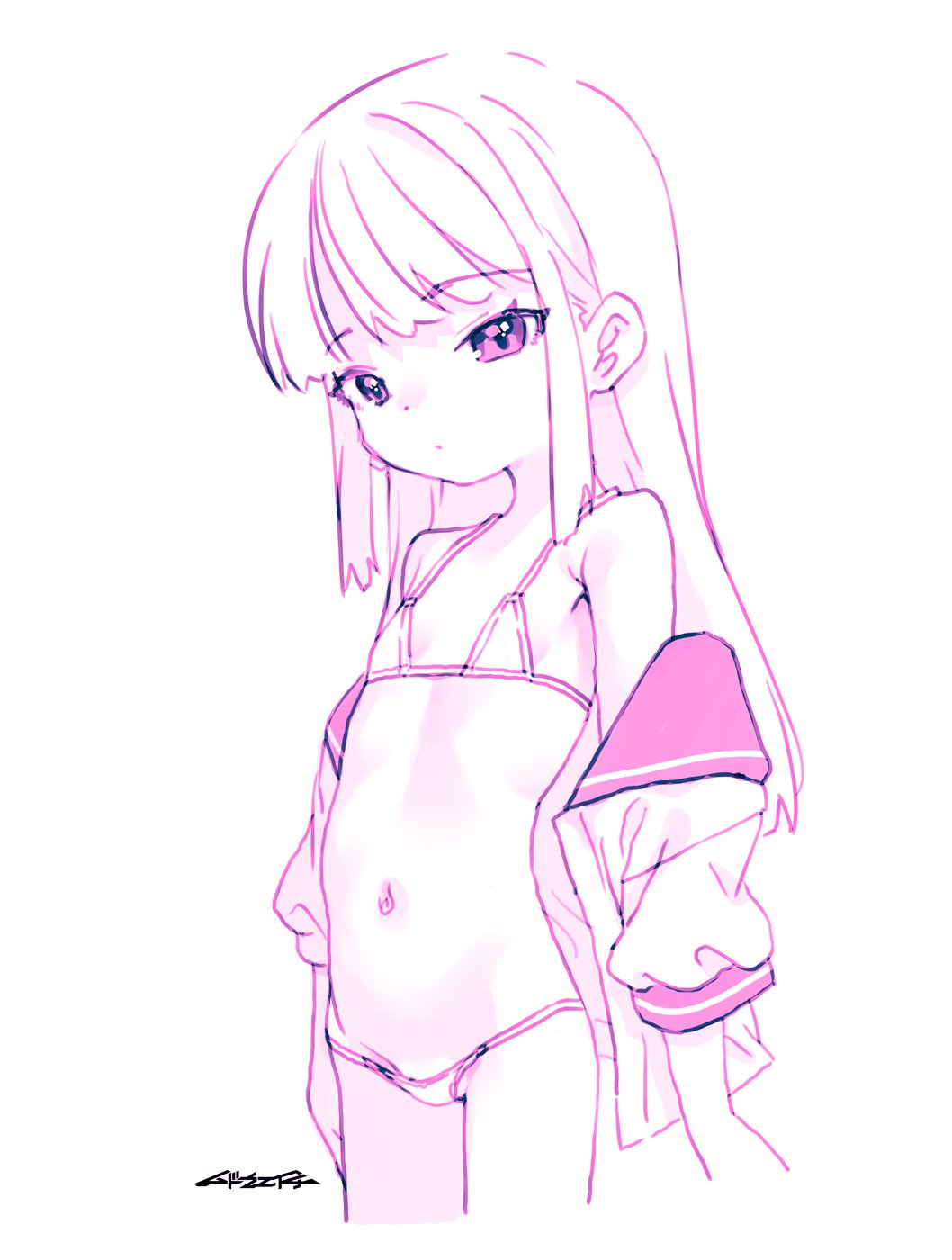 mudou eichi, original, highres, 1girl, bikini, flat chest, long hair, looking at viewer, navel, open clothes, pink eyes, school uniform, serafuku, solo, swimsuit, white background, white bikini, white hair