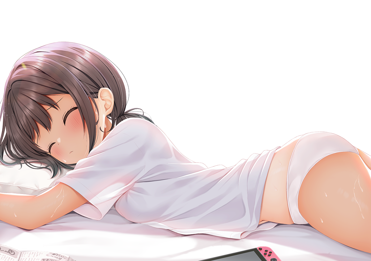 minato ojitan, original, commentary request, large variant set, variant set, 1girl, ^ ^, ass, blush, brown hair, closed eyes, closed mouth, head on pillow, long hair, lying, navel, no pants, on bed, on stomach, panties, pillow, shirt, short sleeves, simple background, sleeping, solo, sweat, tan, underwear, white background, white panties, white shirt