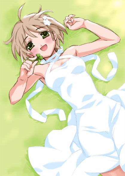 kamiya maneki, 1girl, ahoge, armpits, blush, brown hair, clover, dress, female focus, grass, green eyes, hair ribbon, looking at viewer, lying, on back, open mouth, ribbon, short hair, smile, solo, tareme, white dress
