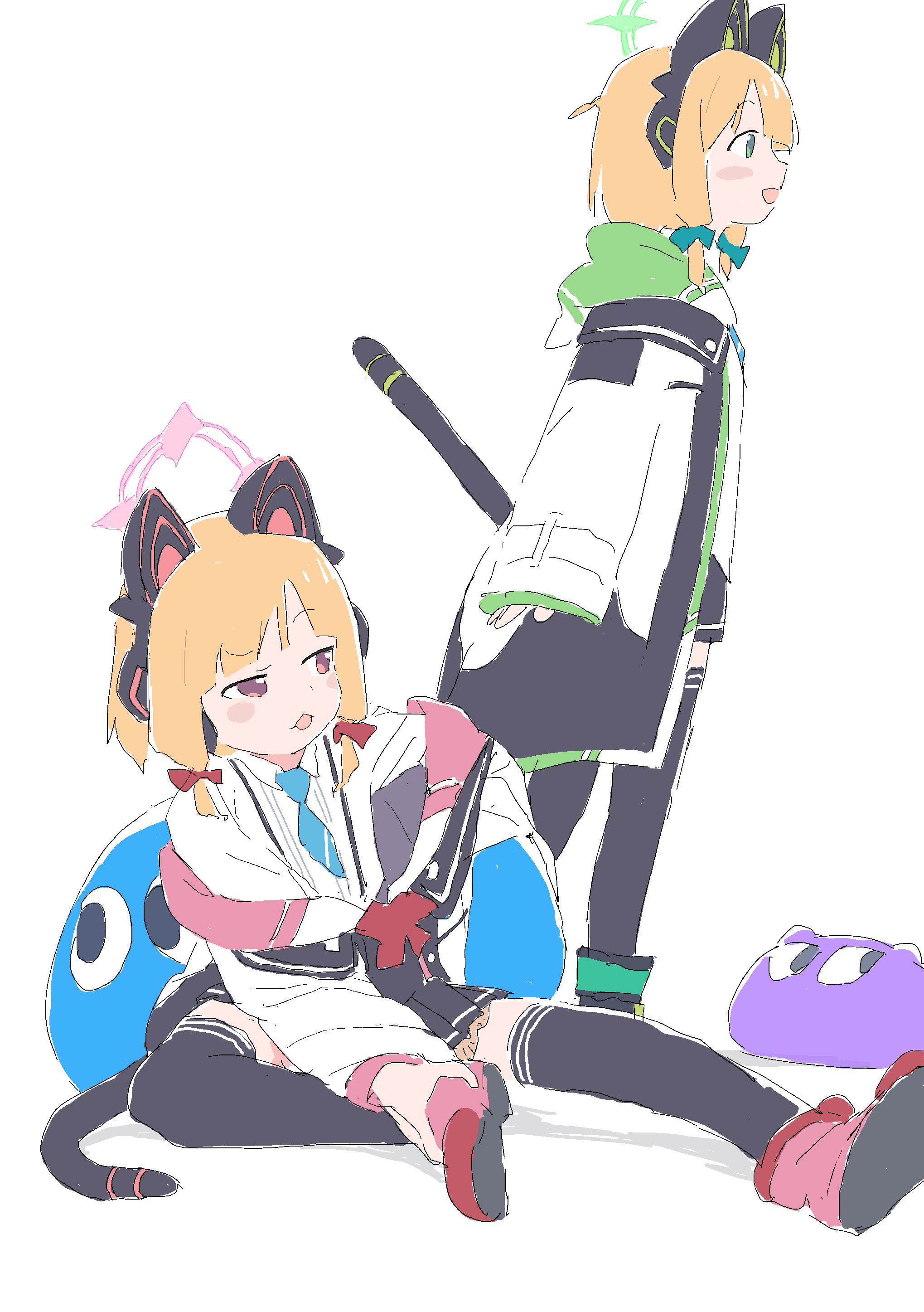 mmmkawaine, midori (blue archive), momoi (blue archive), blue archive, absurdres, highres, 2girls, animal ear headphones, animal ears, black thighhighs, blonde hair, blue necktie, blush stickers, bow, cat ear headphones, chestnut mouth, fake animal ears, fake tail, green eyes, green halo, hair bow, halo, headphones, looking afar, looking ahead, looking to the side, multiple girls, multiple hair bows, necktie, open mouth, pink eyes, pink halo, red bow, siblings, sisters, sitting, sleeves past wrists, smile, standing, tail, thighhighs, twins, white background