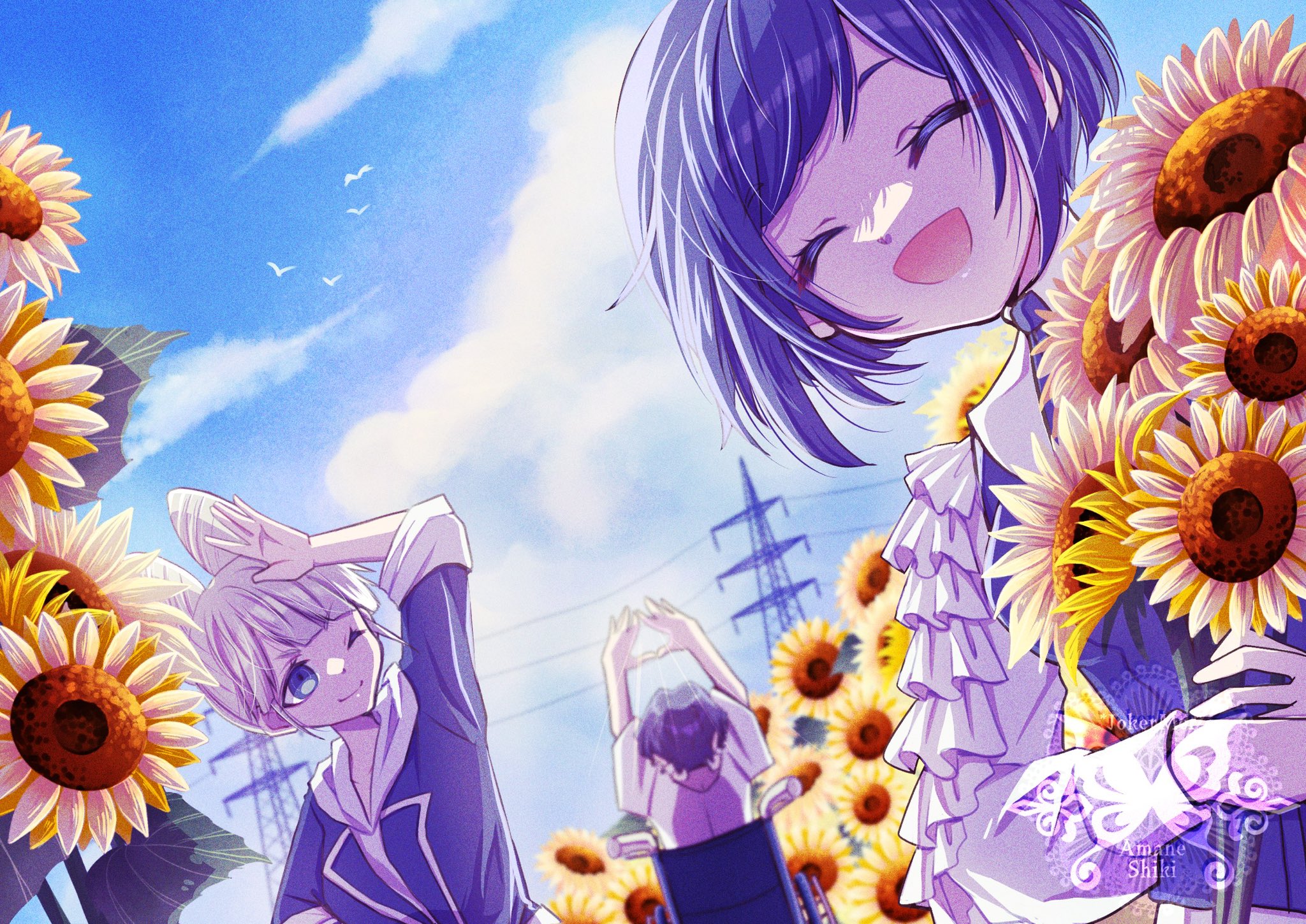shion-1115, fukurai azami, jasmine (toshi densetsu kaitai center), meguriya ayumu, toshi densetsu kaitai center, commentary request, highres, 1boy, 2girls, :d, ^ ^, arms up, blue eyes, blue hair, blue sky, blunt bangs, bouquet, closed eyes, cloud, collared shirt, cone hair bun, day, double bun, field, flower, flower field, frilled shirt, frills, hair bun, holding, holding bouquet, long sleeves, multiple girls, open mouth, outdoors, power lines, shirt, short hair, sky, smile, standing, summer, sunflower, swept bangs, transmission tower, upper body, wheelchair, yellow flower
