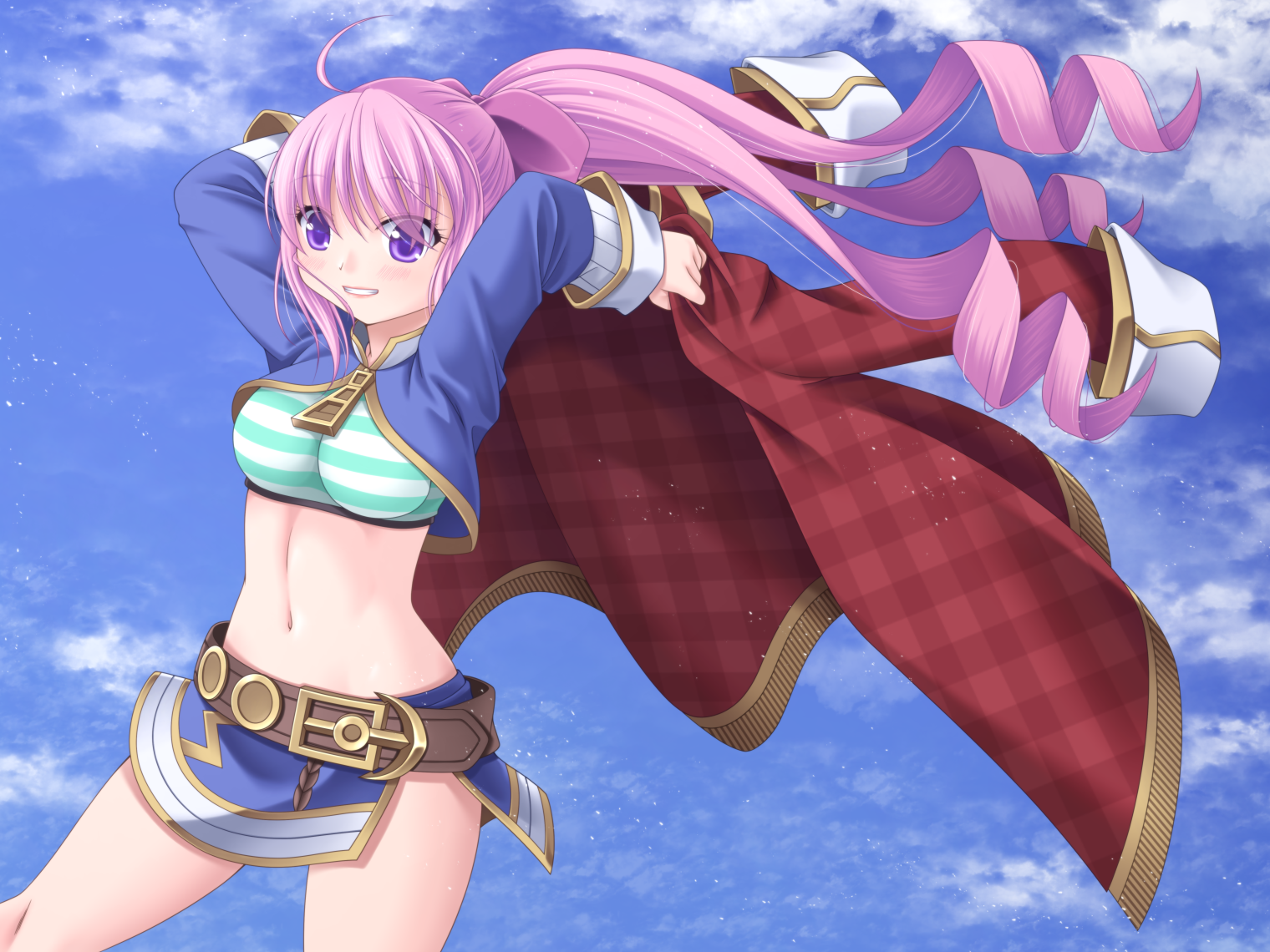 takanashi tsukasa, emil chronicle online, 1girl, ahoge, belt, blue jacket, blue skirt, blue sky, captain kid lore, cloak, drill hair, drill ponytail, green tank top, holding, holding jacket, holding unworn clothes, jacket, long hair, miniskirt, navel, pink hair, ponytail, purple hair, red jacket, side slit, skirt, sky, smile, solo, split ponytail, striped tank top, tank top, unworn jacket